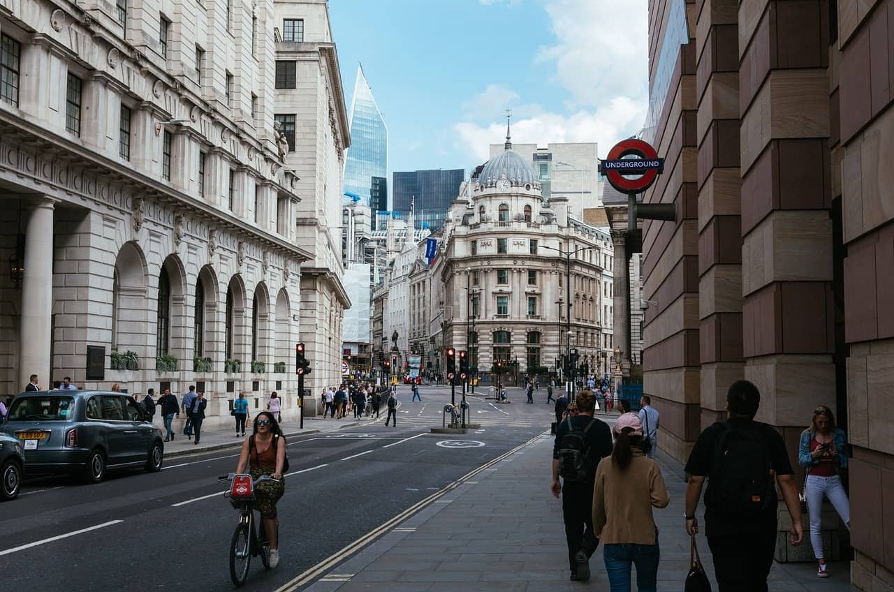 Urban street lined with buildings and apartments for sale in the United Kingdom